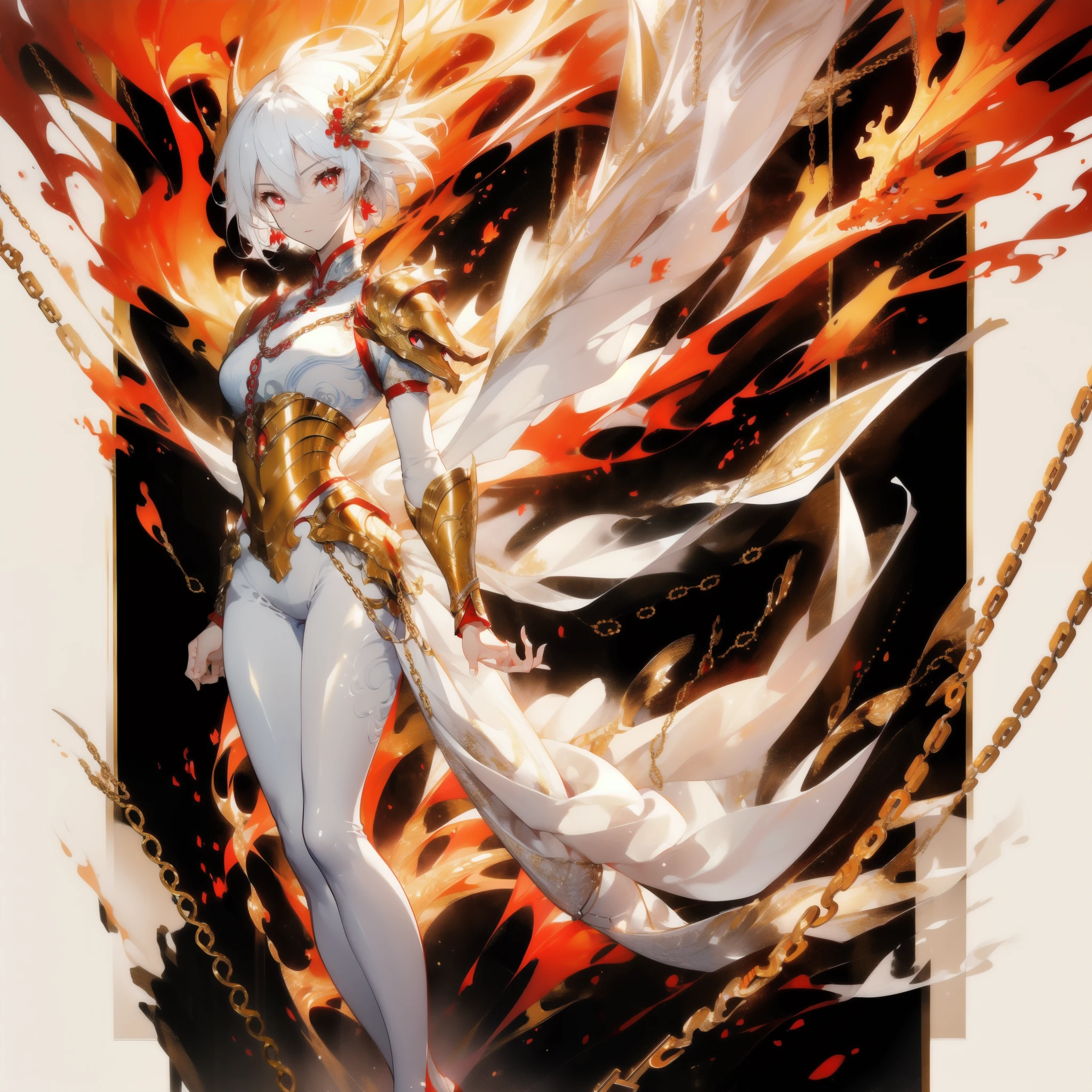 ((masterpiece, best quality)), Delicate face，Dragon Rider，Golden Chinese Dragon，Standing picture，whole body，Perfect body proportions，Long legs，Handsome short hair，Nice red eyes，Fantasy style，White background，Extremely beautiful，transparent，Pure white armor，Flame Surround，chain