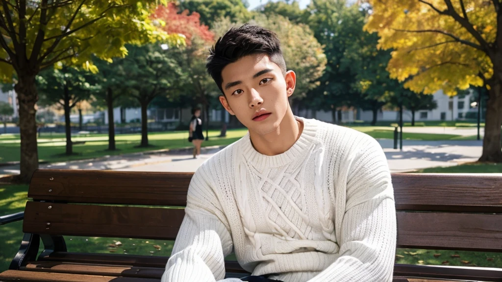 ((Rui, black male, 22 years old, handsome, strong built)) ((Wearing square design printed white sweater)) sitting on a bench in the park, looking around and reflecting on their life. The falling autumn leaves add to the contemplative mood.