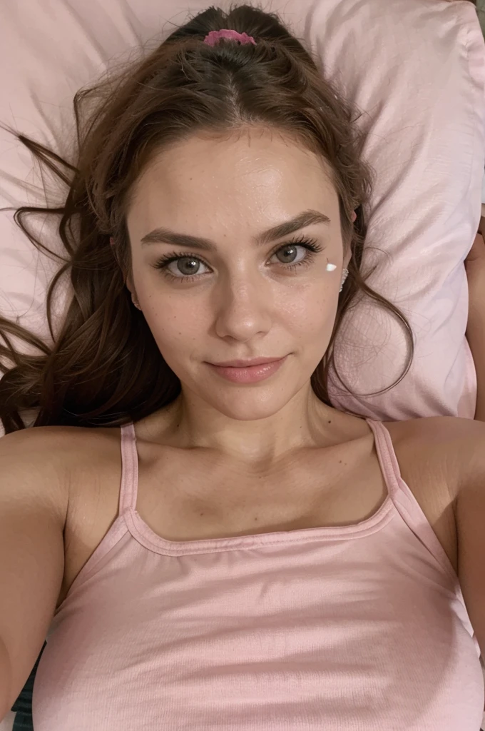 Pretty woman, wearing pink tank top, looking at me, smirking, lying in bed, selfie pov, ultra hd, realistic