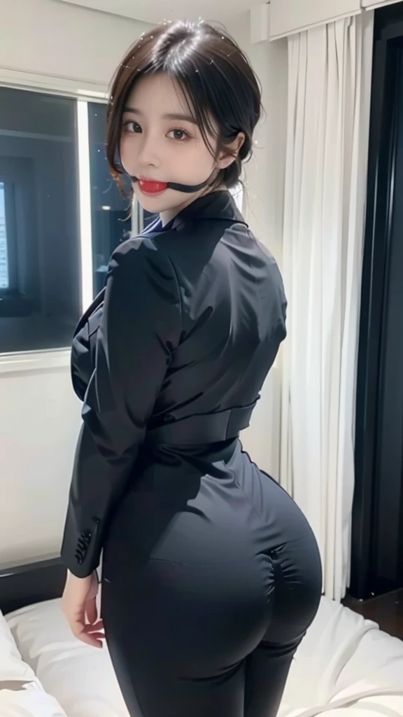 (Best quality, 8k, 32k, Masterpiece, UHD:1.2), 1girl, pretty Japanese, narrow waist, grey suit, office lady, suit, office room, desk, stick out her buttocks, big ass, (panty line, from behind, tight pants), (looking at viewer, looking back, detailed face, double eyelids, smile)ballgag