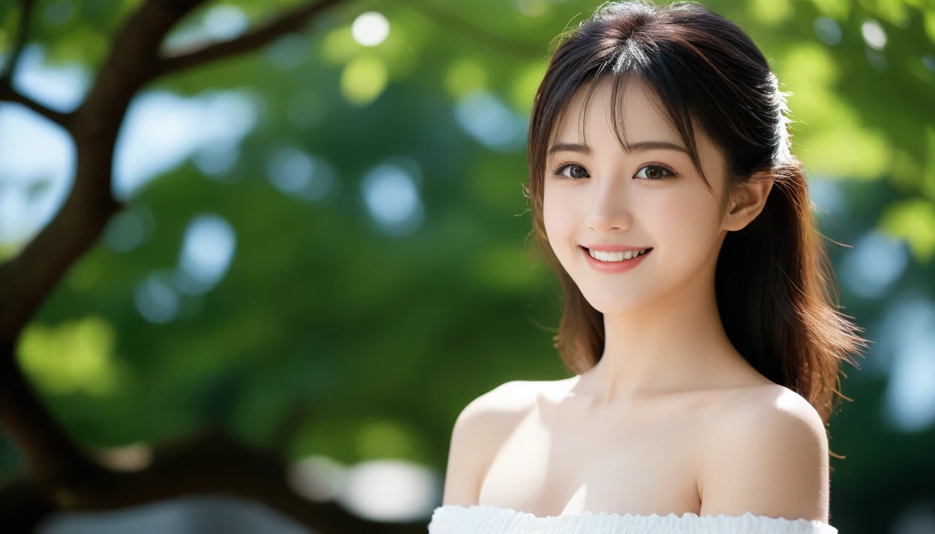 8k, Ultra-high resolution, Highest quality, masterpiece, 三分割法によるphotograph,Surreal, photograph, 1 Girl, (:1.3), pretty girl, Cute Face, Beautiful eyes in every detail, 細かくdetailedに,masterpiece,One Girl:1.2, Japan Female Announcer,extream close up,smile,Black Hair,Messy hair,street tree,Urban area,Young Wife,healthy,Off the shoulder,Natural Makeup,Beautiful clavicle,Realistic Skin, Perfect and beautiful face ,完璧でCute Face, Skin with attention to detail, Perfect limbs、Narrow waist、Thin legs),Looking at the audience、beauty,Long neck、(((Ideal body type))),A cup small breasts :2,Portraiture:2,Perfect Anatomy,鮮明なdetailed,detailed,Surreal,Light and shadow,dappled sunlight