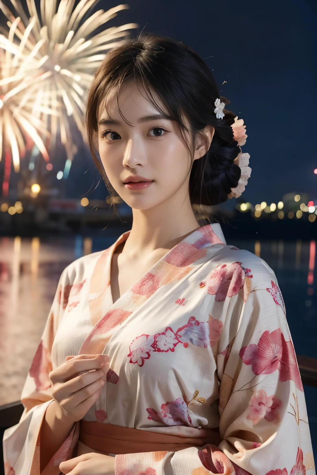 yukata,beautiful woman,masterpiece,skin like human,realistic face,fireworks display