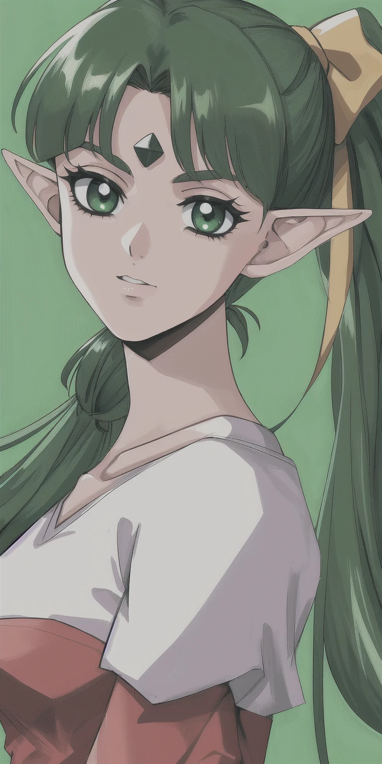 8k, 4k, (highres:1.1), best quality, (masterpiece:1.3), 1990s \\(style\\), retro artstyle, fantasy, background, portrait, face, 3/4 angle, 1girl female elf, Caucasian, dark green hair, absurdly long hair, split ponytail