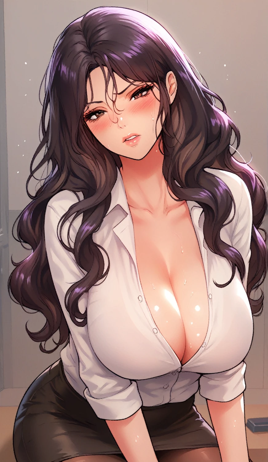 nsfw,hyperrealistic anime,curvy gyaru,tanned gyaru,at home,dark brown hair,pov handjob,look at viewer,earring,bukkake,excessive cum on hand,holding and sucking penis,seductive beautiful woman,revealing blouse,sweaty,orgasm,breathing out,