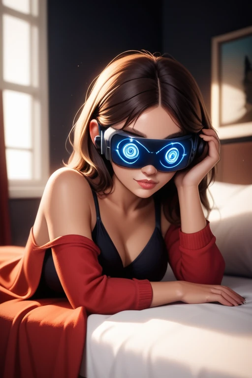 Tall hispanic woman with expressive hazel eyes and long wavy dark brown hair; warm olive skin;  hourglass build; ("heart-shaped-face" with full lips); ample bosom; wearing casual clothes; best quality; trending on artstation; dark room with complex volumetric lighting; strong shadows; artistic lighting; dynamic; energetic vibe; realistic skin; specular highlights; micro-textures; highly detailed hair; wearing a VR Headset and laying on bed.