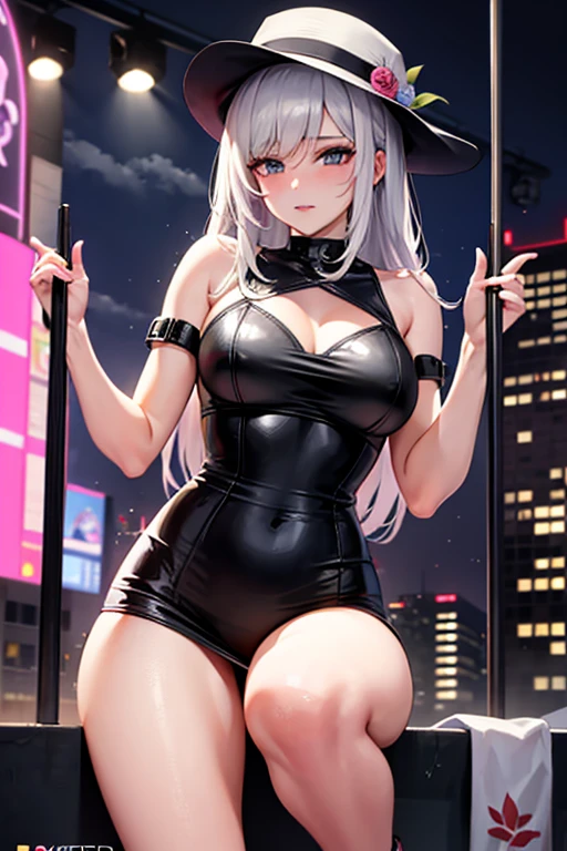 detailed anime style,beautiful and stunning artwork, shimmering shadows, strong colors, nudity, backsight of a woman, fox tail plug, darker skin tone, white hair, olive eyes, japanese, white hat, standing in in a hidden street, sunglasses, backsight, not looking at camera, fit body, pink pussy, pink and pinky nipple