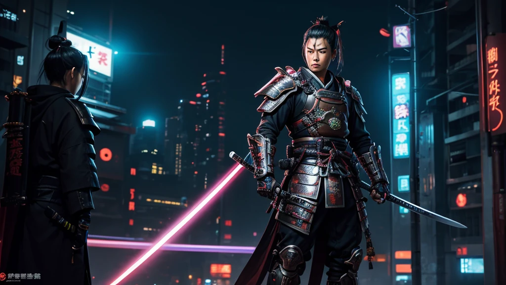 Depict a futuristic samurai with neon armor and a glowing katana, standing against a backdrop of a high-tech city.