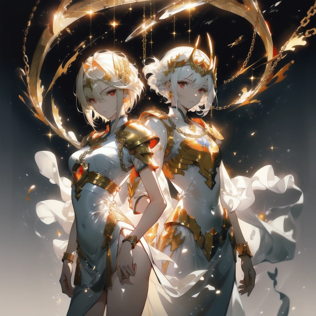 ((masterpiece, best quality)), Delicate face，Beautiful Paladin，Halo，Golden Chinese Dragon，Standing picture，whole body，Perfect body proportions，Long legs，Handsome short hair，Nice red eyes，Fantasy style，White background，Extremely beautiful，transparent，Pure white knight armor，Flame Surround，chain