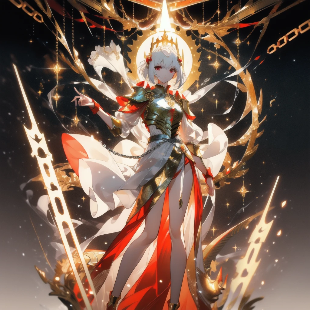 ((masterpiece, best quality)), Delicate face,Beautiful Paladin,Halo,Golden Chinese Dragon,Standing picture,whole body,Perfect body proportions,Long legs,Handsome short hair,Nice red eyes,Fantasy style,White background,Extremely beautiful,transparent,Pure white knight armor,Flame Surround,chain