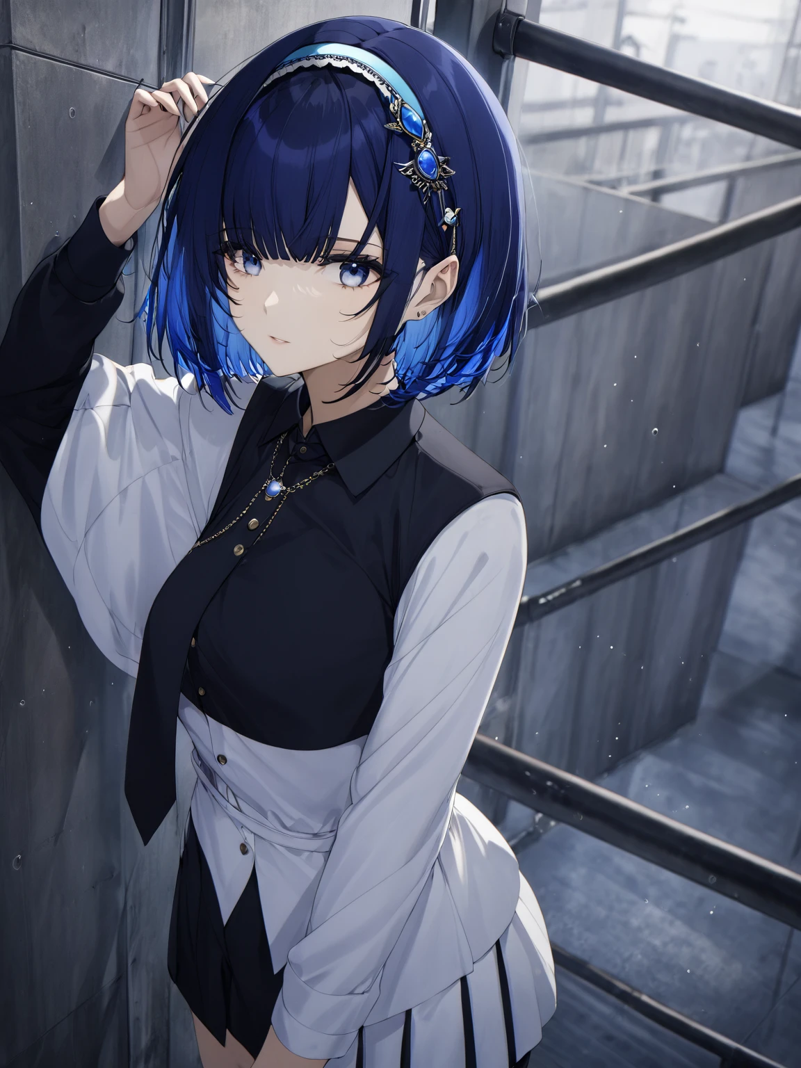 blue hair,blue eyes,short hair,jewelry hairband, short hair, bob cut
