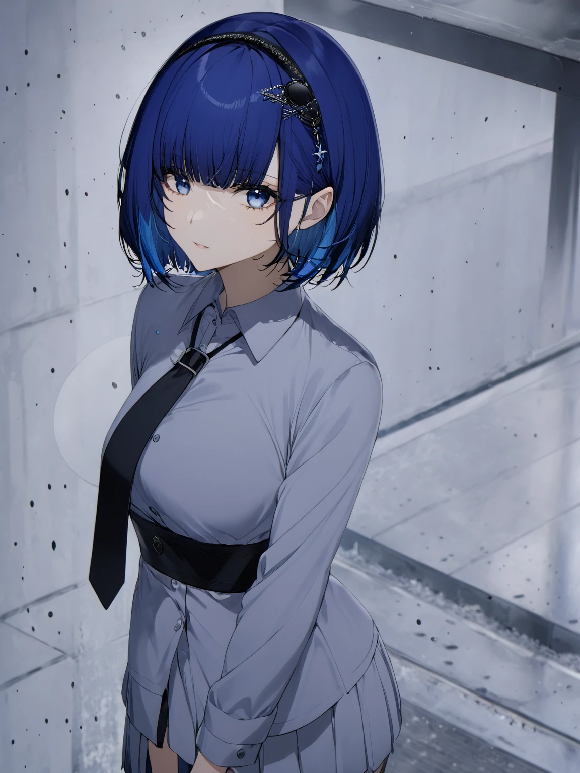 blue hair,blue eyes,short hair,jewelry hairband, short hair, bob cut
