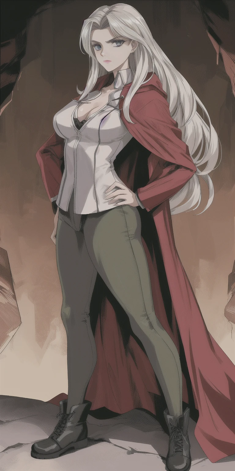 Character: Gender: Female Age: young adult (through "exquisite and mature manga art style") Hair: Long, platinum blonde with choppy bangs Face: Delicate oval shape Pale skin Sharp and determined eyes (possibly emphasizing a piercing gaze) Arched crescent eyebrows Serious expression Symmetrical features Body: Professional and anatomically correct Perfect proportions following the golden ratio Extremely detailed, especially the eyes and face Attire: Fantasy-style dark green military coat Dark red cloak draped over the coat Military trousers Leather combat boots Silver greaves leggings Art Style: Anime style, but with exquisite and mature details High definition, best quality, high resolution Ultra-detailed, ultra-fine painting, extremely delicate RAW photo (realistic texture) UHD, 32k resolution (exceptional sharpness) Natural light with cinematic lighting effects Masterpiece quality with perfect anatomy Pose: Standing in a spacious training ground One hand on her hip