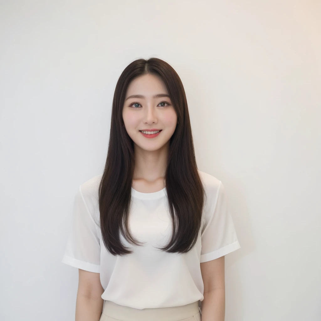 Best Quality, 8k, Masterpiece, (Portrait: 1.3), (photo realistic:1.4), (hyper realistic:1.4), Sharp Focus, looking at viewer, (smoother lighting:1.1), (increase cinematic lighting quality:0.9), realistic lighting, backlighting, light on face, ray trace, (brightening light:1.2), (Increase quality:1.4), sharp detail, (best quality real texture skin:1.4), finely detailed eyes, black_eyes, finely detailed face, 25 year old Korean woman, (white formal_shirt:1.4), (Create an image maintaining the original base model hairstyle:1.5),smiling_face