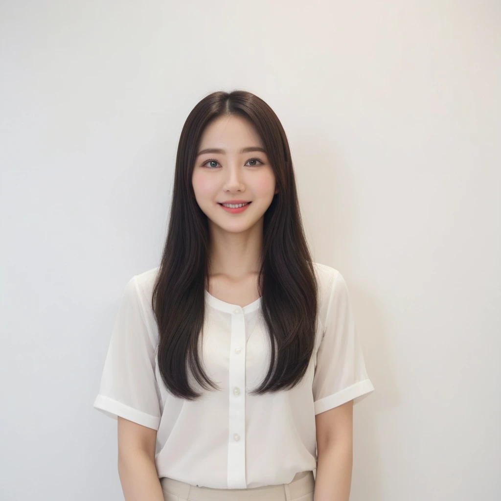 Best Quality, 8k, Masterpiece, (Portrait: 1.3), (photo realistic:1.4), (hyper realistic:1.4), Sharp Focus, looking at viewer, (smoother lighting:1.1), (increase cinematic lighting quality:0.9), realistic lighting, backlighting, light on face, ray trace, (brightening light:1.2), (Increase quality:1.4), sharp detail, (best quality real texture skin:1.4), finely detailed eyes, black_eyes, finely detailed face, 25 year old Korean woman, (white formal_shirt:1.4), (Create an image maintaining the original base model hairstyle:1.5),smiling_face