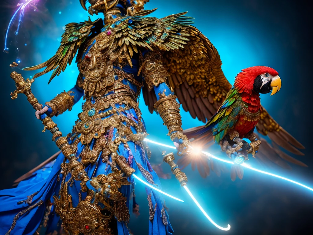 Create a highly detailed and dramatic fantasy image of a humanoid parrot warrior. The parrot warrior should have the body and features of a vibrant parrot, with colorful feathers, a beak, and talons. The warrior is dressed in ornate, ancient armor, with intricate engravings and gold accents. It stands in a powerful and majestic pose, holding a magical staff emitting a glowing blue light. The background should be a mystical, ancient temple with ruins and fog, adding to the ethereal atmosphere. Ensure the lighting emphasizes the parrot warrior's vibrant colors and the magical aura of the staff.