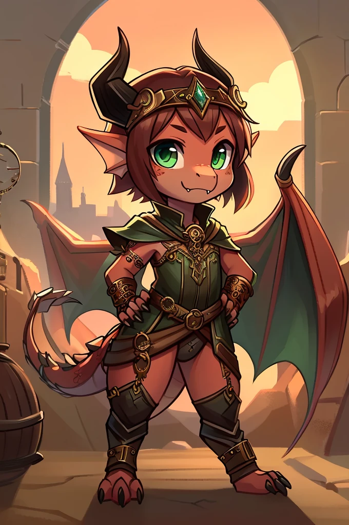 (((kobold,male, solo, winged kobold boy, dark red scales,fantasy clothes, artficer,steampunk, dragon wings, dragon tail, small, chibi))), artficer clothes, warm color clothes, fantay clothes,sea green eyes, artficer,small heigth, 54 centimertes heigth,horns, claws, tail, scales, fangs, masterpiece, cute, (((fullbody))), male
