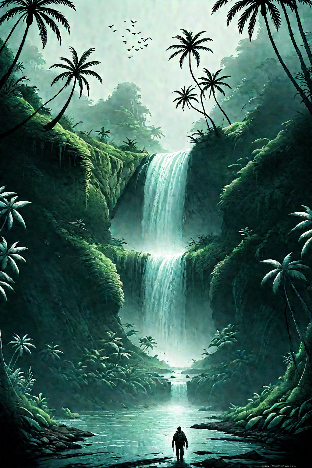 mysterious island, cinematic, image within image, multiple exposure, showcase island, over the shoulder, traversing path, tropical, rewilding, entropy, gritty, noir, 1990s, hand drawn, realism, traveling through jungle, waterfall, sense of adventure and danger, rough expressive sketch style,