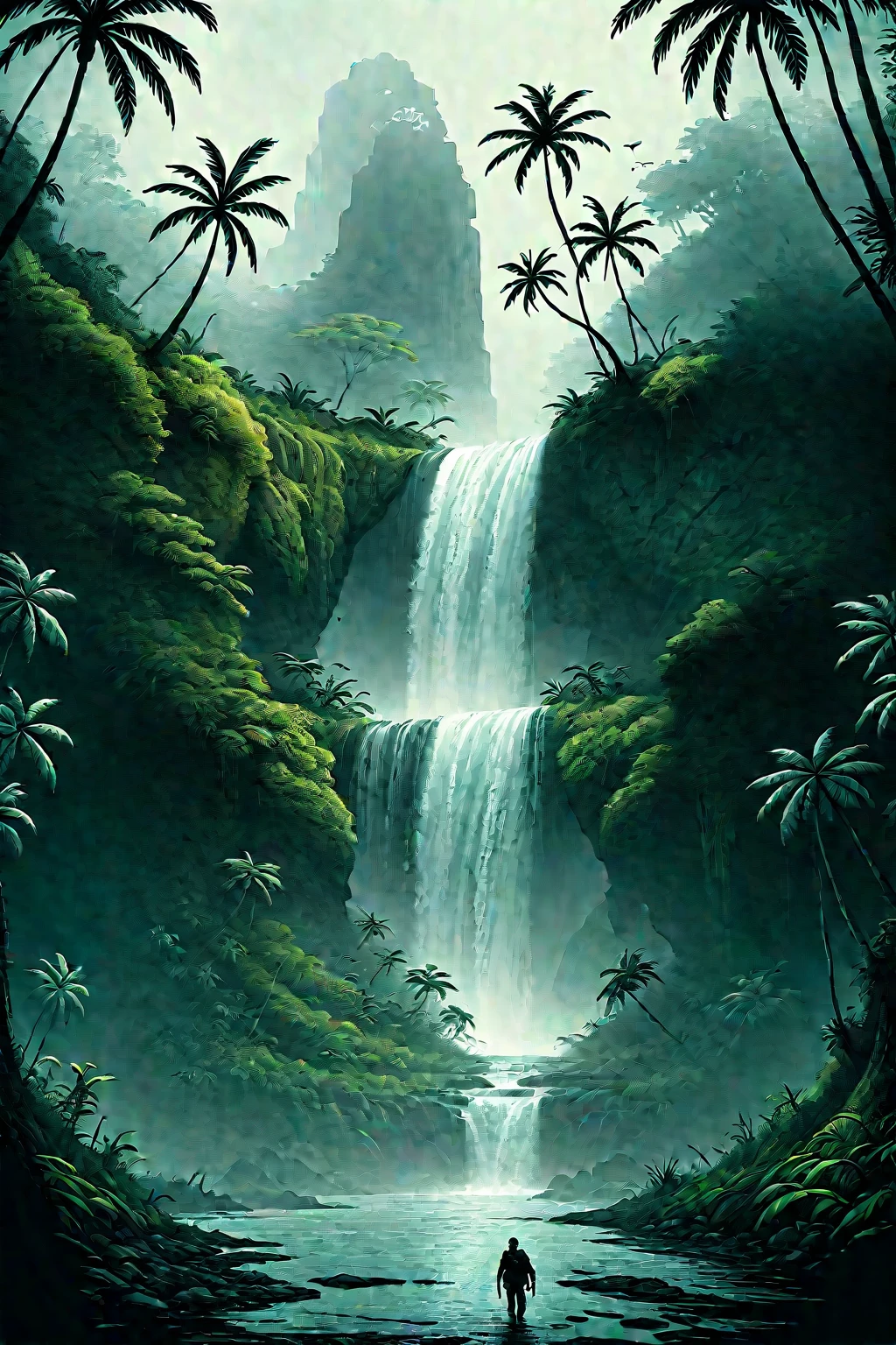 mysterious island, cinematic, image within image, multiple exposure, showcase island, over the shoulder, traversing path, tropical, rewilding, entropy, gritty, noir, 1990s, hand drawn, realism, traveling through jungle, waterfall, sense of adventure and danger, rough expressive sketch style,