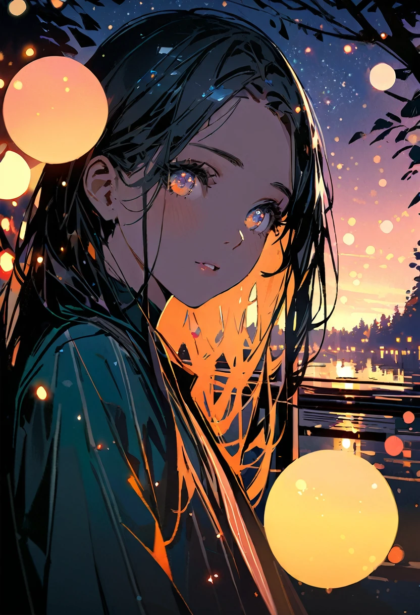 (Close-up shot:1.5), Night forest glade background, (evening), moonlight, Starry Sky, Sparkling, afternoon, Bokeh, (Art by Jeremy Mann and Edvard Munch), Beautiful composition, Complementary Color, masterpiece, Awards