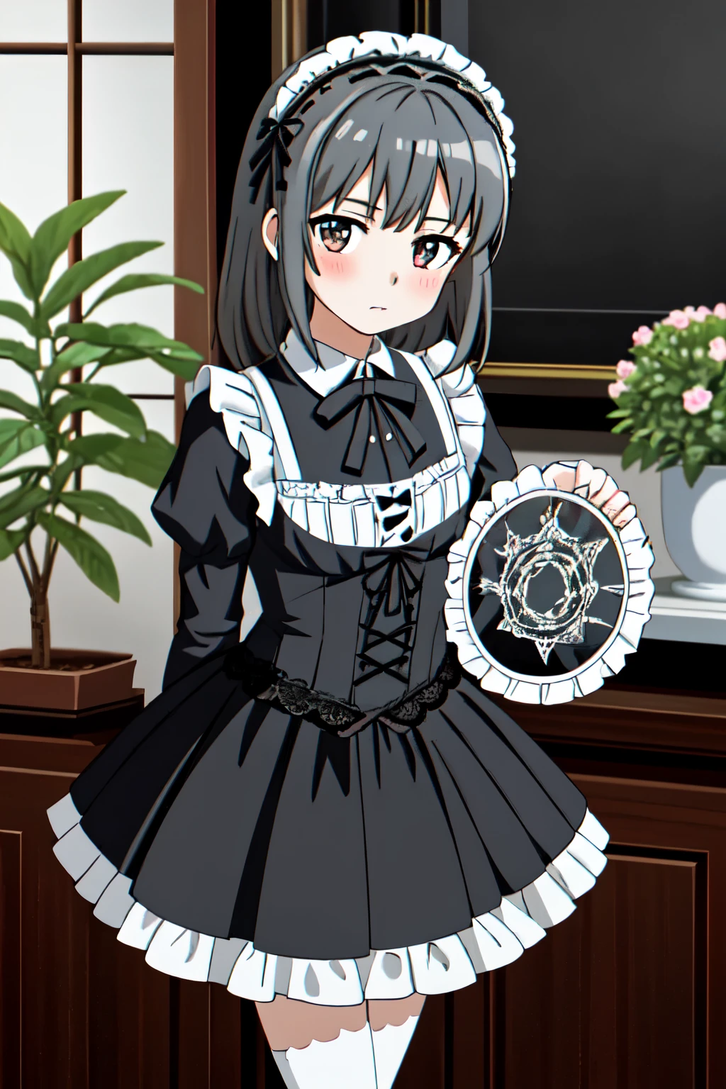1 girl,Frilled Gothic ta, skirt, (Lace:1.4),Dynamic poses,(Close-up of face:0.9),indoors,plant,