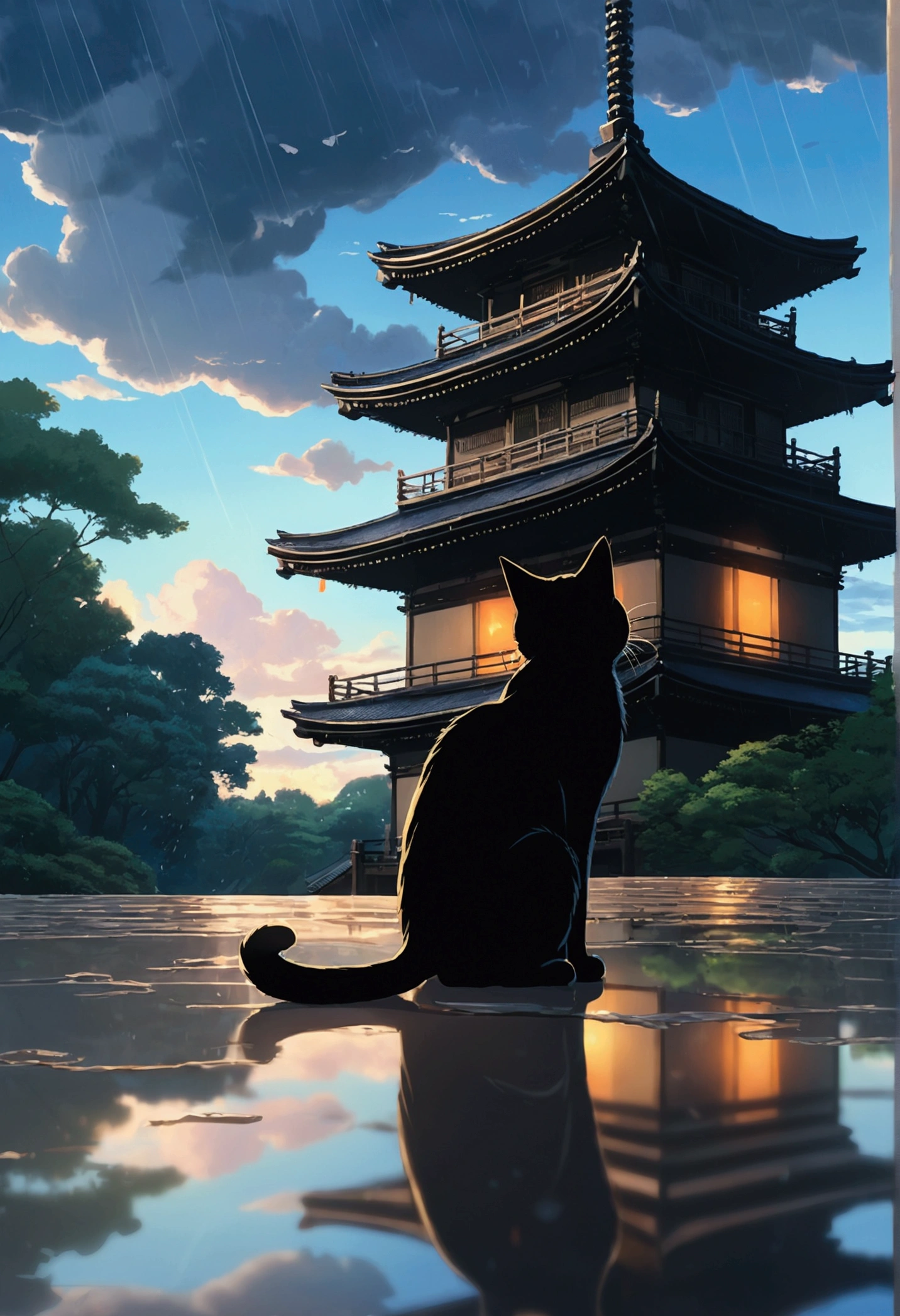 Makoto Shinkai taste, cloudy sky, reflection of light, black cat, after rain, love scene, healing scene, rainy day, hope, dark fantasy, light from the sky, single, shrine, five-story pagoda in the back, fantastic world, temple, (cat ghost), myth, messenger of god