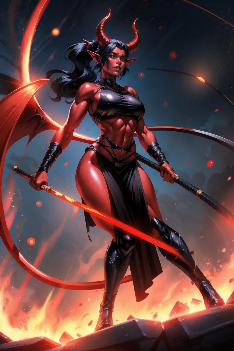 Red skin succubus tiefling, medium breasts, black horns, wings, huge tail, black leather, crop top, long flowing pelvic curtain, tall, toned, graceful, thin, long black ponytail. Action scene, whip. Dark scene, explosions, night sky.