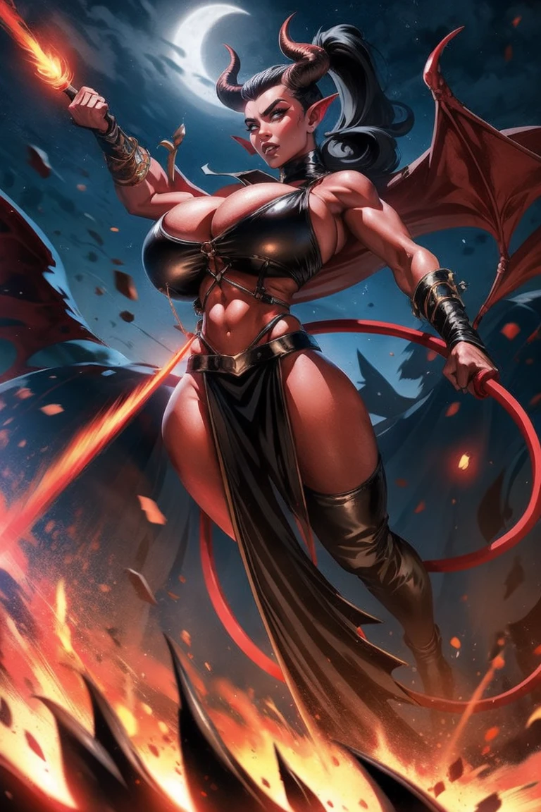 Red skin succubus tiefling, medium breasts, black horns, wings, huge tail, black leather, crop top, cleavage, long flowing pelvic curtain, tall, toned, graceful, thin, long black ponytail. Action scene, whip. Dark scene, explosions, night sky.