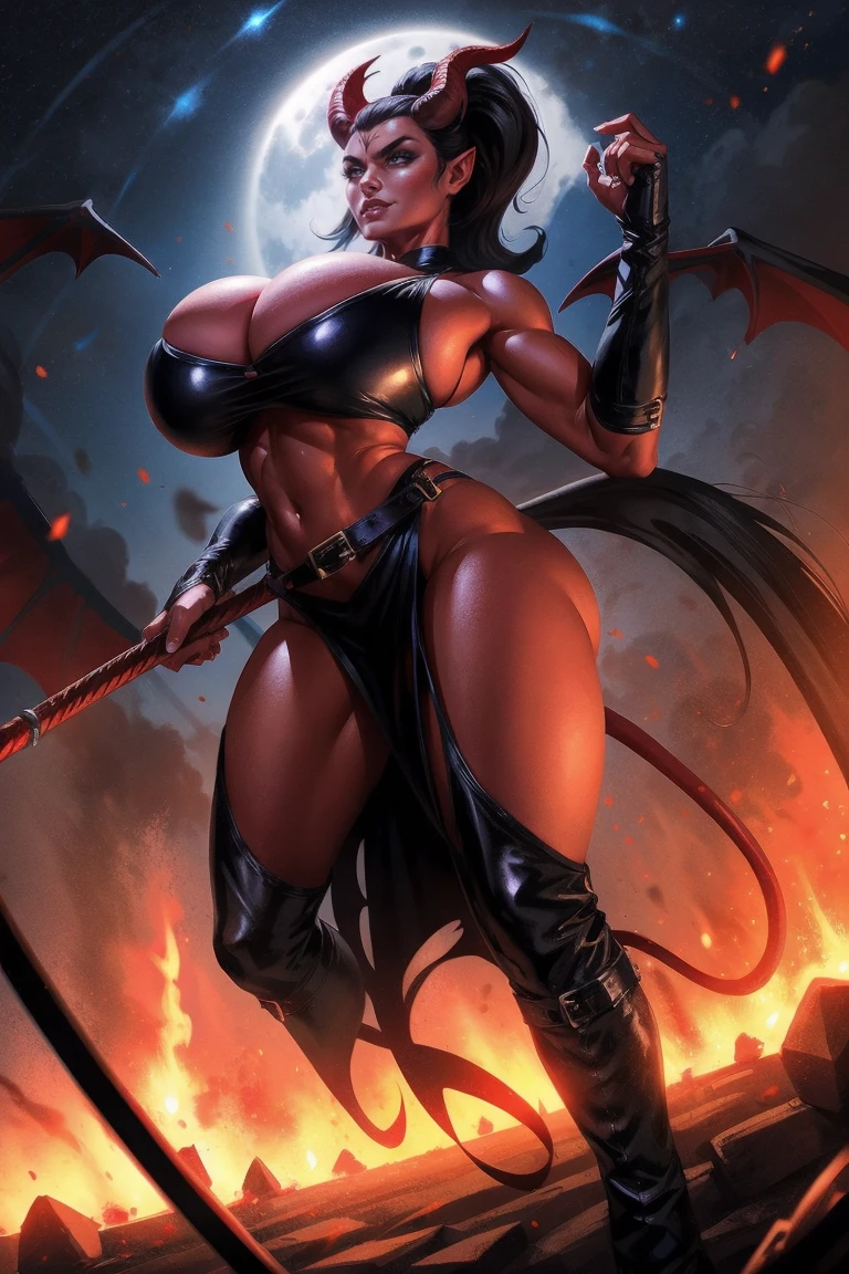Red skin succubus tiefling, medium breasts, black horns, wings, huge tail, black leather, crop top, cleavage, long flowing pelvic curtain, tall, toned, graceful, thin, long black ponytail. Action scene, whip. Dark scene, explosions, night sky.