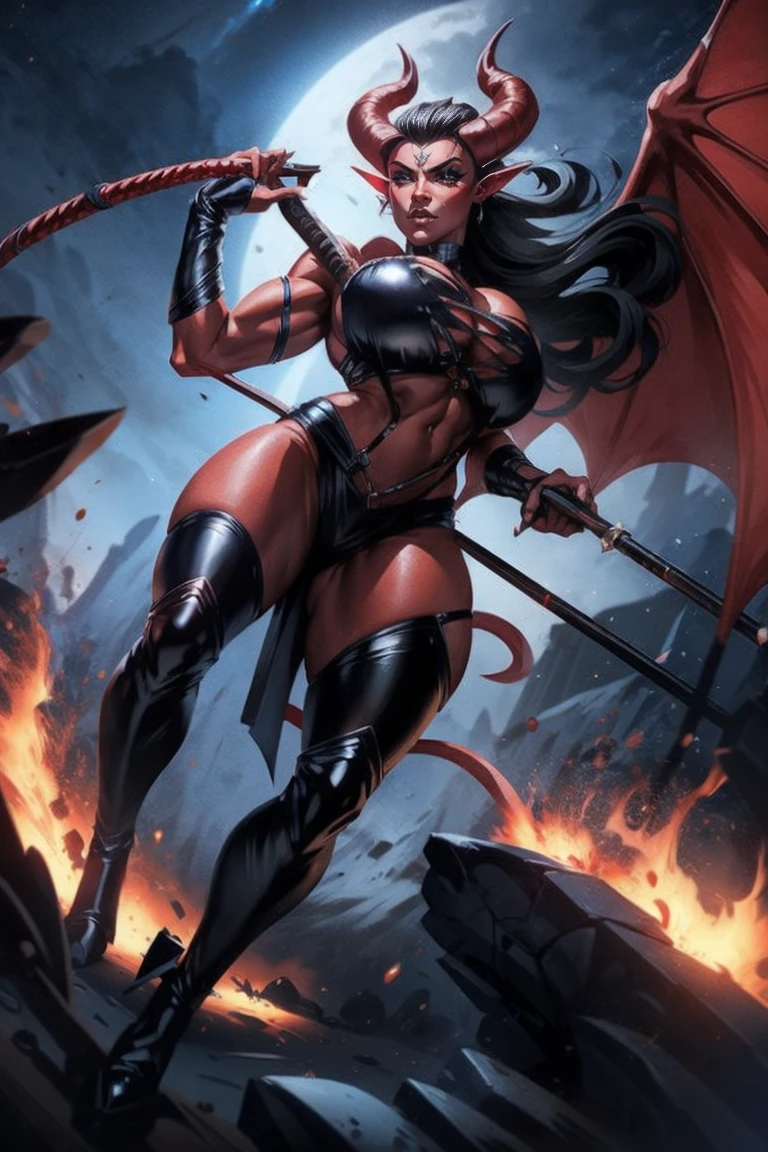 Red skin succubus tiefling, medium breasts, black horns, wings, huge tail, black leather, crop top, cleavage, long flowing pelvic curtain, tall, toned, graceful, thin, long black ponytail. Action scene, whip. Dark scene, explosions, night sky.