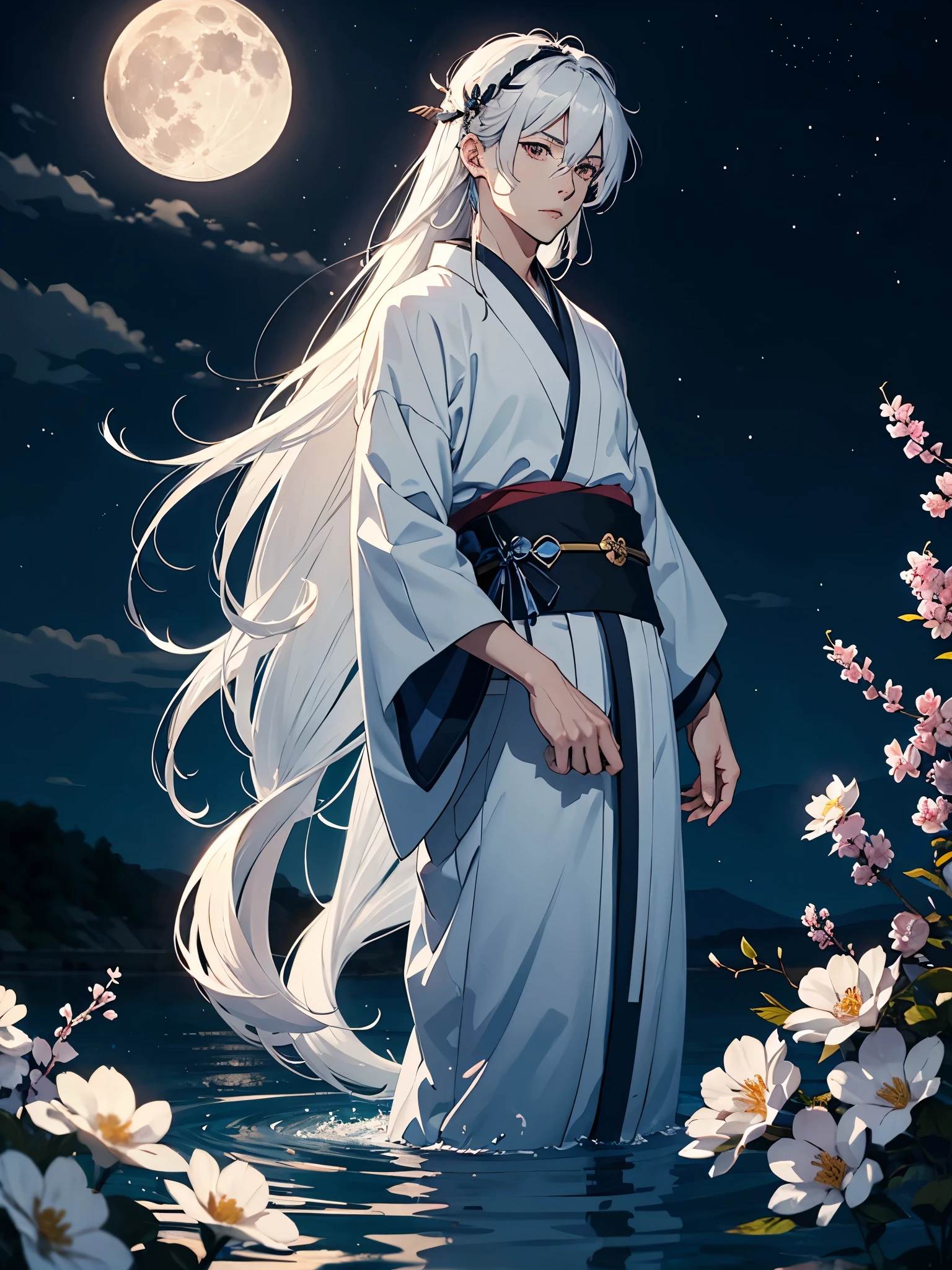 Schmuck silbern. Kimono. . More anime. light blue light. Bright bright light. magical. Moon. White flowers. male. Long hair. long white hair. aquatic, boy, God of the Moon, silver hair accessories, White hair. 