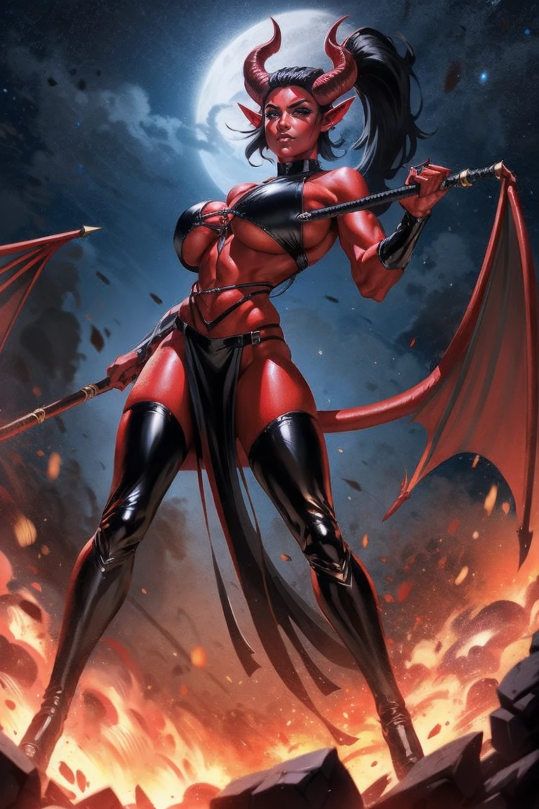 Red skin succubus tiefling, medium breasts, black horns, wings, huge tail, black leather, crop top, underboob, long flowing pelvic curtain, tall, toned, graceful, thin, long black ponytail. Action scene, whip. Dark scene, explosions, night sky.