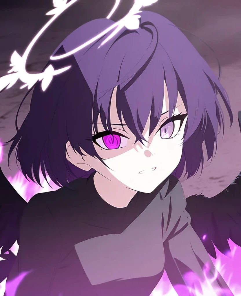 Make a girl with purple hair, black angel halo, heterochromic eyes, black angel wings, Vkei style, purple fire. Fallen angel.