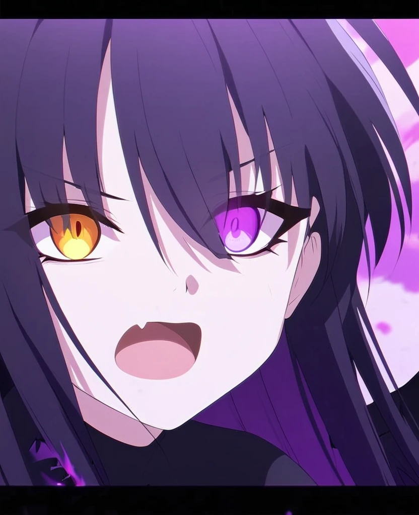 Make a girl with purple hair, black angel halo, heterochromic eyes, black angel wings, Vkei style, purple fire. Fallen angel.