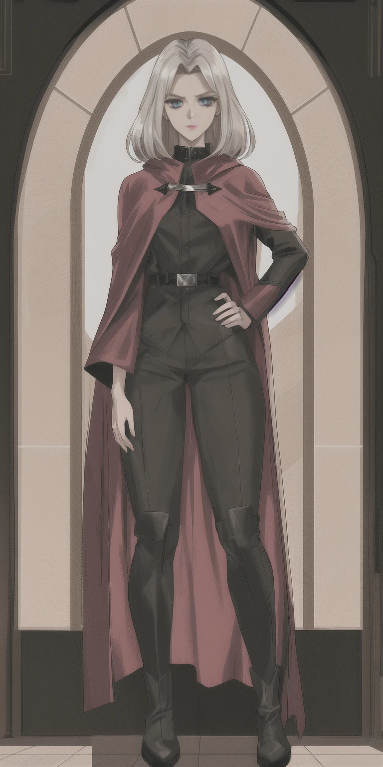 Character: Gender: Female Age: young adult (through "exquisite and mature manga art style") Hair: Long, platinum blonde with choppy bangs Face: Delicate oval shape Pale skin Sharp and determined eyes (possibly emphasizing a piercing gaze) Arched crescent eyebrows Serious expression Symmetrical features Body: Professional and anatomically correct Perfect proportions following the golden ratio Extremely detailed, especially the eyes and face Attire: Fantasy-style dark green military coat Dark red cloak draped over the coat Military trousers Leather combat boots Silver greaves leggings Art Style: Anime style, but with exquisite and mature details High definition, best quality, high resolution Ultra-detailed, ultra-fine painting, extremely delicate RAW photo (realistic texture) UHD, 32k resolution (exceptional sharpness) Natural light with cinematic lighting effects Masterpiece quality with perfect anatomy Pose: Standing in a spacious training ground One hand on her hip