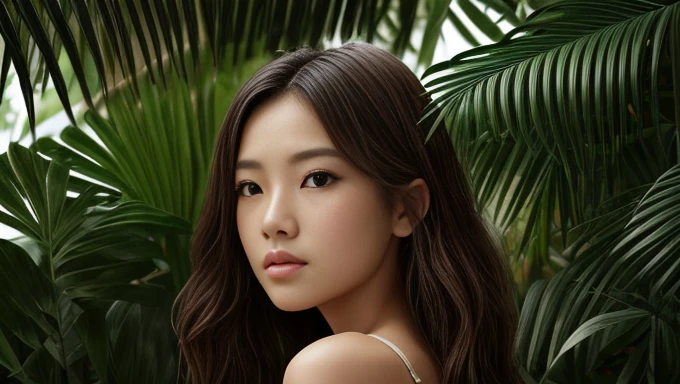 green々An island surrounded by vibrant, lush foliage、An island full of beautiful women、tropical rain forest、(Highest quality、4K、8k、High resolution、masterpiece:1.2)、Super detailed、(Real、Photorealistic、Photorealistic:1.37)、Intricate details、Detailed facial features、Beautiful Eyes、Detailed skin、Cinematic lighting、Serene atmosphere、Golden Hour Lighting、Dramatic Shadows、Colorful flowers、Dense jungle、Tropical paradise、Mysterious Island、(1 girl)、　alen4_kryukova