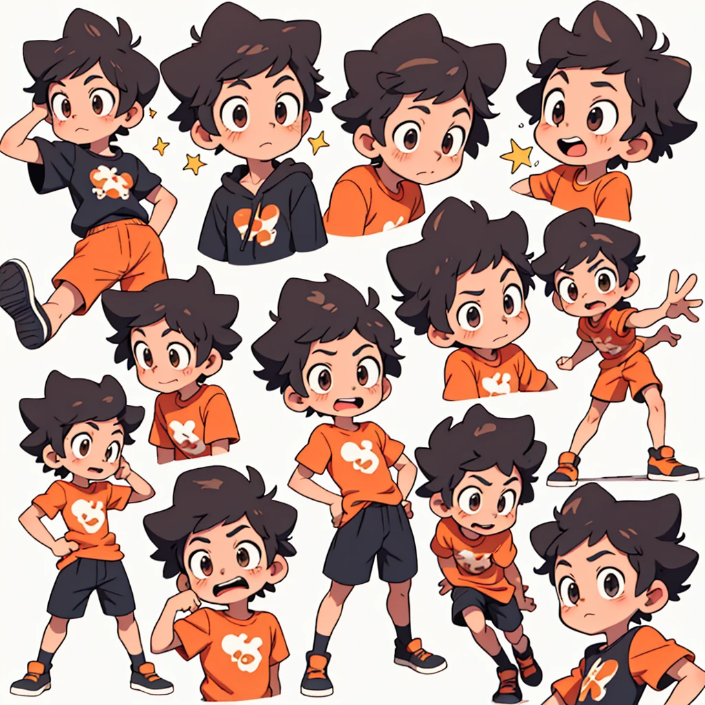 Latin boy , Different emotions, comic-book style, smooth lines, marked contour orange short sleeve shirt, short black hair, style cartoon, expressive expression, White background, animated cartoon, dynamic poses, precise details, 2D style, ultra detaild, 8k comic