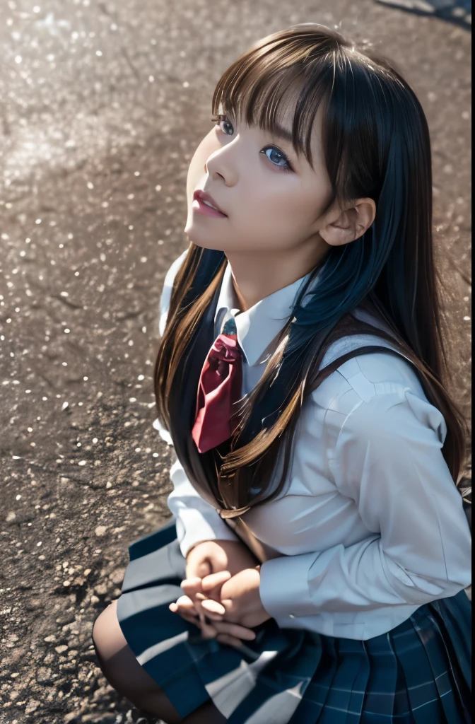 (SONY_α1.SEL50F12GM.Combined shooting), Ultra high definition, ((detailed beautiful eyes and detailed face, masterpiece side light, masterpiece, Highest quality, detailed, High resolution illustrations), (1 girl, beautiful girl, Glowing Skin), (Sky blue hair, Pink Eyes, skirt, ribbon, Button-down shirt), ((Kneel on the ground:1.5)), ((Looking up at the audience:1.5)), (Moist eyes), (school uniform, プリーツskirt,:1.3), Soft skin texture,Soft lips, (Highest quality:1.4), 非常にdetailedな,8k Raw Photo:1.5, 非常にdetailedな, High resolution raw color photos, Professional photography, Realistic portraits, A scene from a movie, 