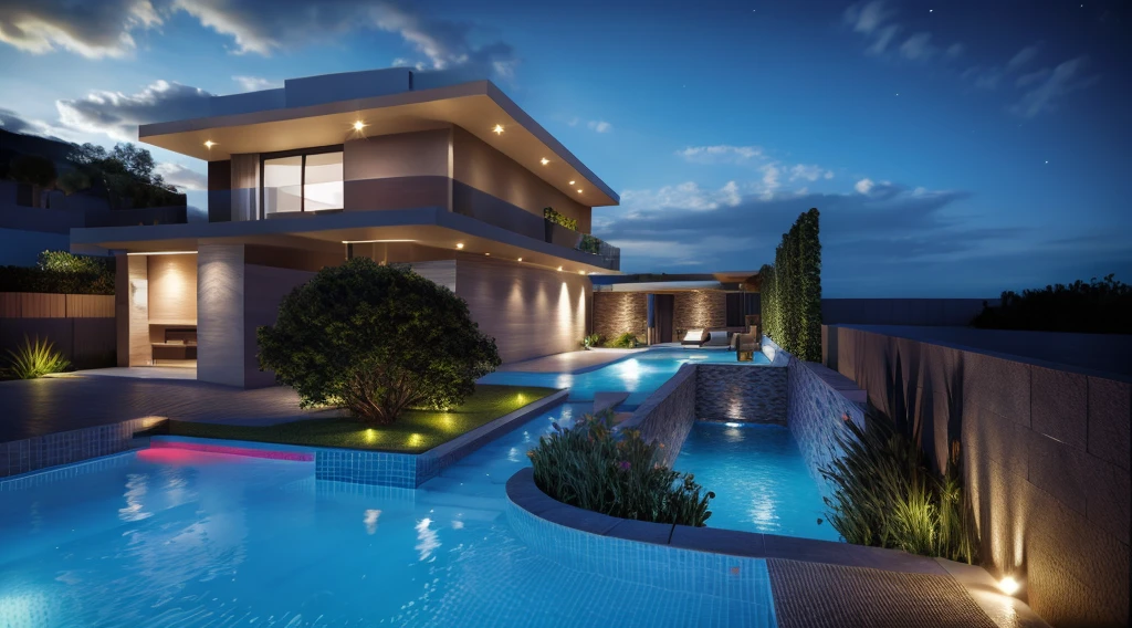 a modern house, grass fence, lawn, dark gray wall covering material, strong modern style, clear blue sky, sharp realistic lighting, night time, youthful feeling, 1 swimming pool , 1 large rockery, steps with LED lights