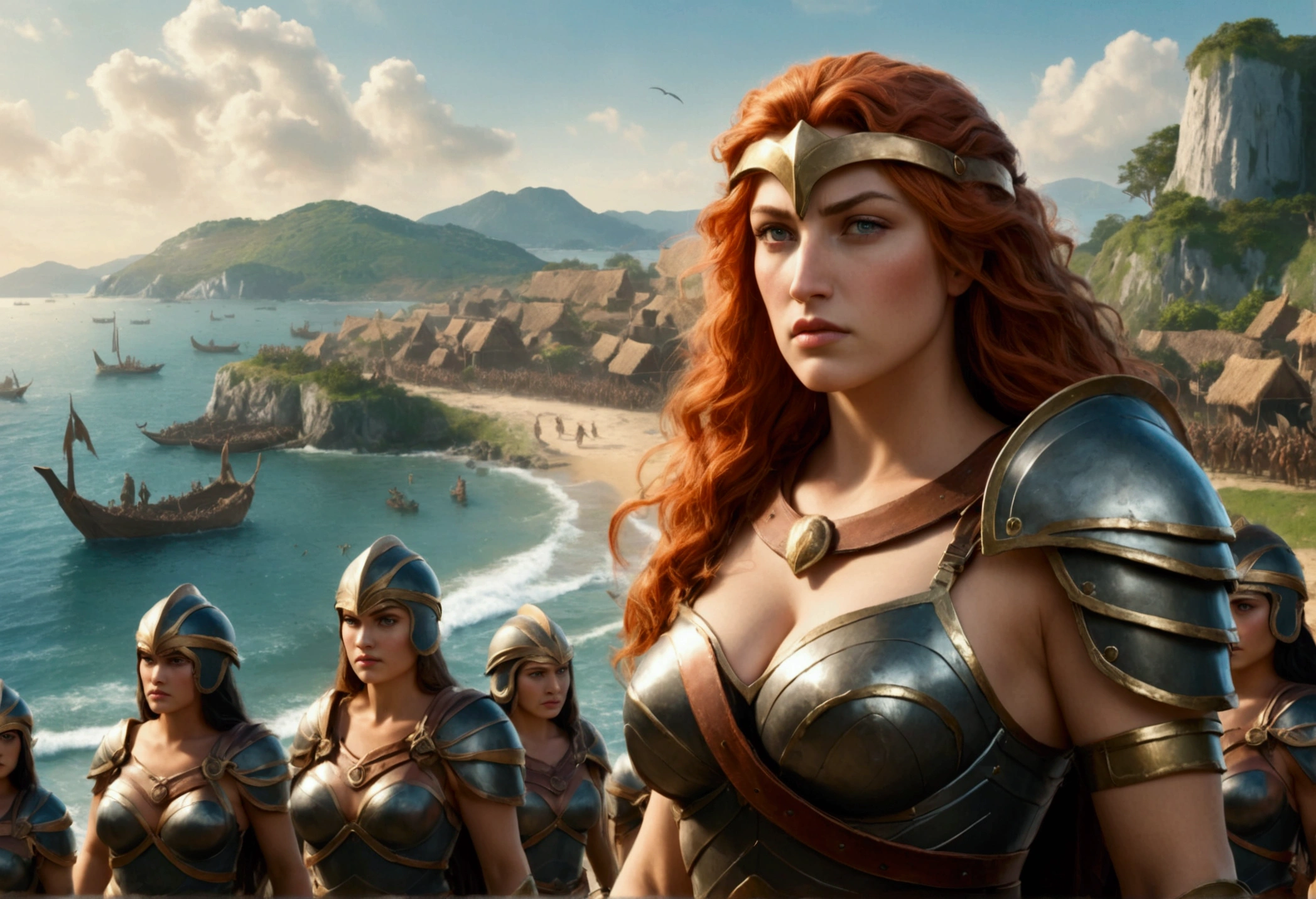 The head of the Amazons standing in full armor, huge breasts. Behind them are about 100 Amazons. A seaside village is visible in the background.