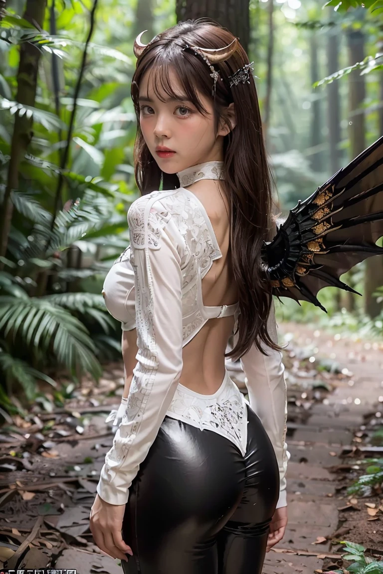 (masterpiece), (highest quality), (detailed), Light Layer, Shiny skin, (intricate detailed , Tight clothes, , Demon wings growing from the back,hair ornaments :1.2), Cute Devil, Brown Hair, Black choker, Long Hair, Princess cut with bangs, (woman:1.1), Deep in the forest, turning and looking at viewer, surprised