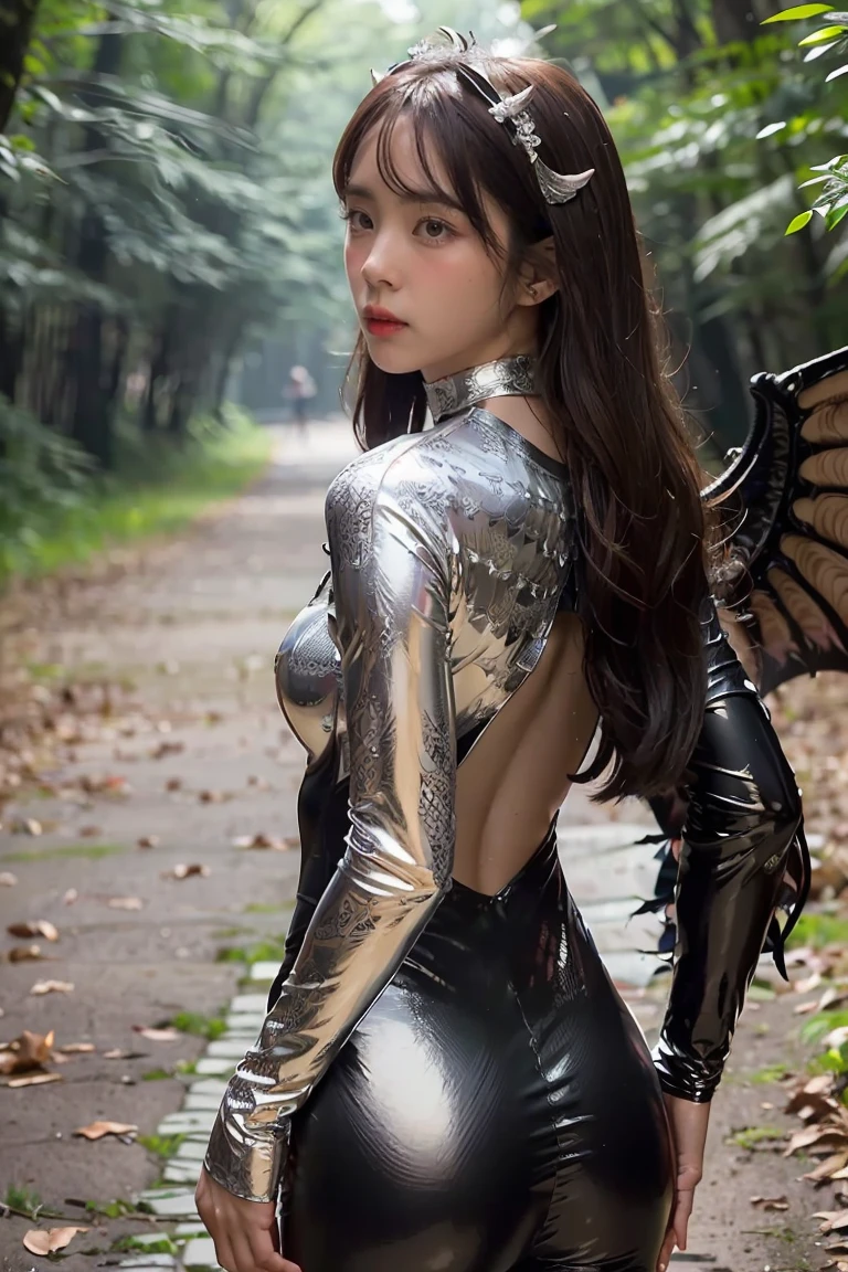 (masterpiece), (highest quality), (detailed), Light Layer, Shiny skin, (intricate detailed , Tight clothes, , Demon wings growing from the back,hair ornaments :1.2), Cute Devil, Brown Hair, Black choker, Long Hair, Princess cut with bangs, (woman:1.1), Deep in the forest, turning and looking at viewer, surprised