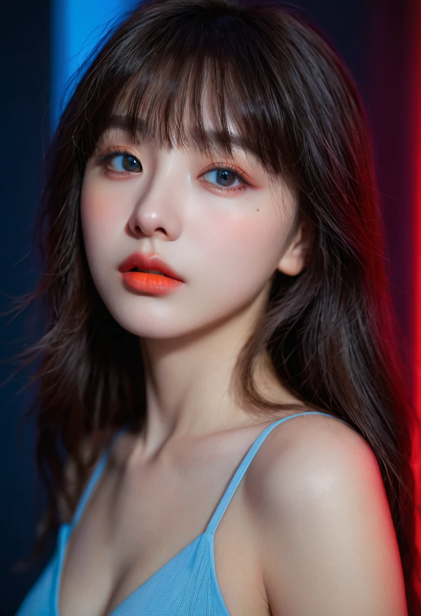 (Upper part of the body:1.5),8k, Best Quality, 1 girl, (skin bleeding), evening, (Dark), Interior light background, (people), Beautiful bangs, gorgeous,, (Clothes and:1.3),soft lighting, attractive, dark room, (Closed mouth:1.2, pretty eyes, delicate eyes, Detailed iris, beautiful lips, Beautiful nose, pretty face),(primary color:1.5),(ambient light:1.5),(neon light:1.8),(radioluminiscencia:1.8),(red and blue light:1.5)