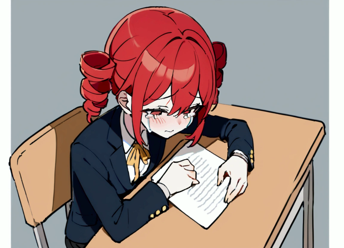 Girl, red hair, school blazer, crying, sitting at desk, taking written test, holding pen