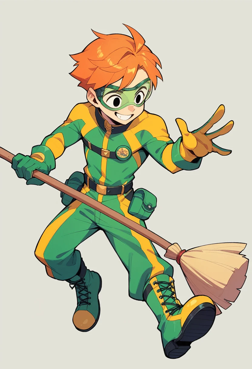 funny boy with orange hair back, black eyes, yellow janitor suit, green gloves, green goggles and green boots, with a broom on his hand, smile