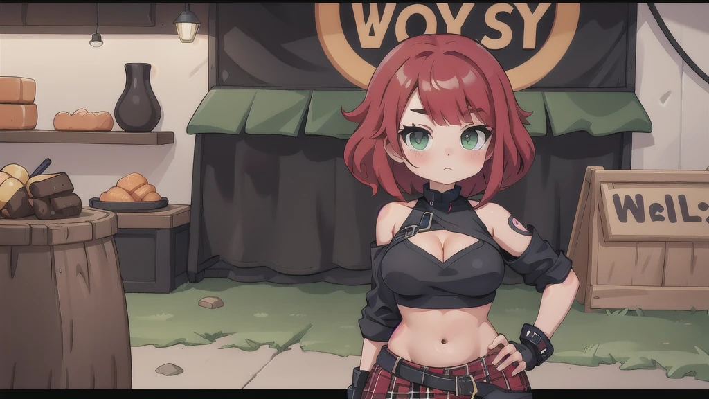 woman, curly red pixie cut hair, green eyes, wearing crop top black shirt, long black jacket, red plaid skirt, black fingerless gloves, exposed shoulders, large breasts freckles, cleavage, abs, looking at viewer, masterpiece, best quality, Holo-Punk Style