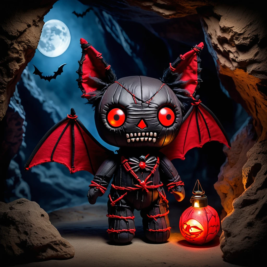 (knitted toy voodoo doll:1.7), (Voodoo Bat:1.3), (Clothing: dark, tattered wings with glowing red eyes:1.0), (Accessories: enchanted blood vial, glowing fangs, mystical moon amulet:1.2), (background: eerie cave with floating, glowing stalactites and shadowy bats:1.2), best quality, masterpiece, detailed soft oil painting, detailed background, dramatic cinematic lighting, soft edge lighting, professional, dramatic lighting, hard edge lighting, ultra quality, 4k, masterpiece, best quality, 8k, ultra high definition, high resolution, extremely detailed