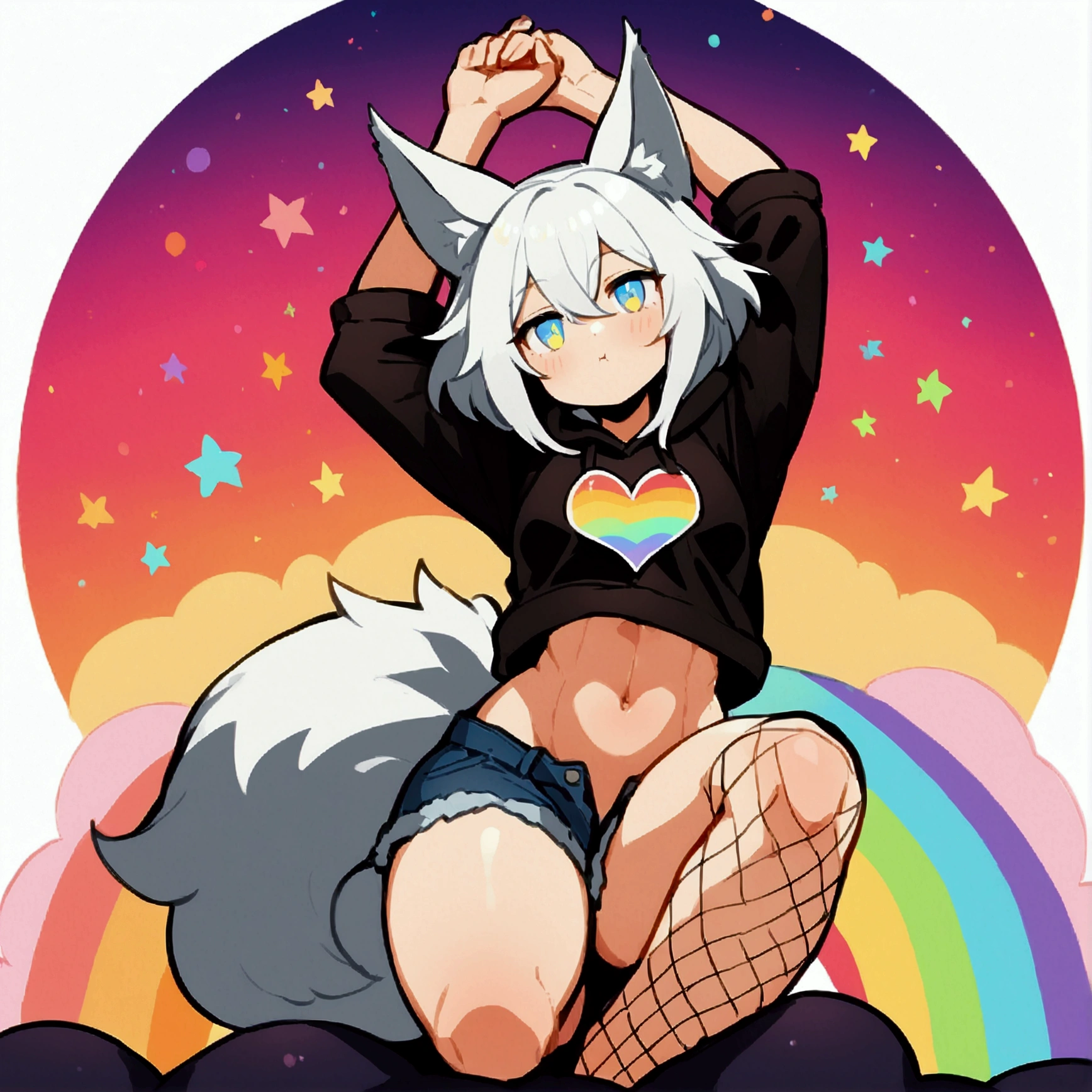 a cute adult male with wolf ears, long white hair, long locks, has a wolf tail, wearing a loose cropped black hoodie, wearing a pair of denim short shorts and fishnet stockings, thick thighs, wide hips, relaxing on mound of fluffy multi colored plushies, short, very slim, showing slender tummy, heart on hoodie, squishy thighs, has glowing blue eyes. alone, solo (ALONE)(SOLO), surrounded by rainbows, colorful galaxy backround, stretching, giggling