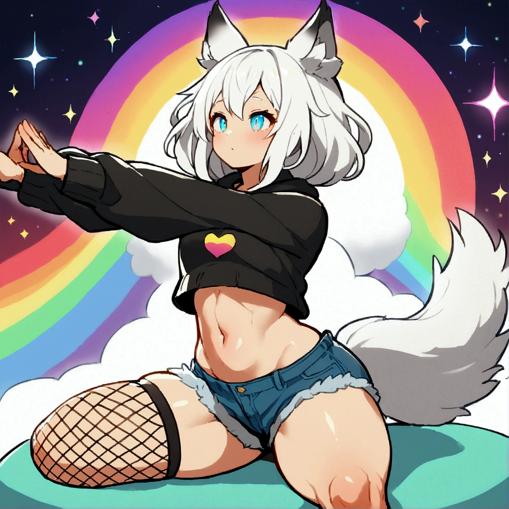 a cute adult male with wolf ears, long white hair, long locks, has a wolf tail, wearing a loose cropped black hoodie, wearing a pair of denim short shorts and fishnet stockings, thick thighs, wide hips, relaxing on mound of fluffy multi colored plushies, short, very slim, showing slender tummy, heart on hoodie, squishy thighs, has glowing blue eyes. alone, solo (ALONE)(SOLO), surrounded by rainbows, colorful galaxy backround, stretching, giggling