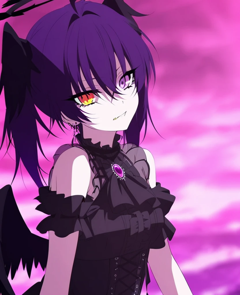 Make a girl with purple hair, black angel halo, heterochromic eyes, black angel wings, Vkei style, purple fire. Fallen angel. Visual Kei