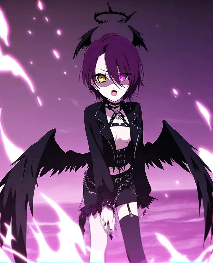 Make a girl with purple hair, black angel halo, heterochromic eyes, black angel wings, Vkei style, purple fire. Fallen angel. Visual Kei